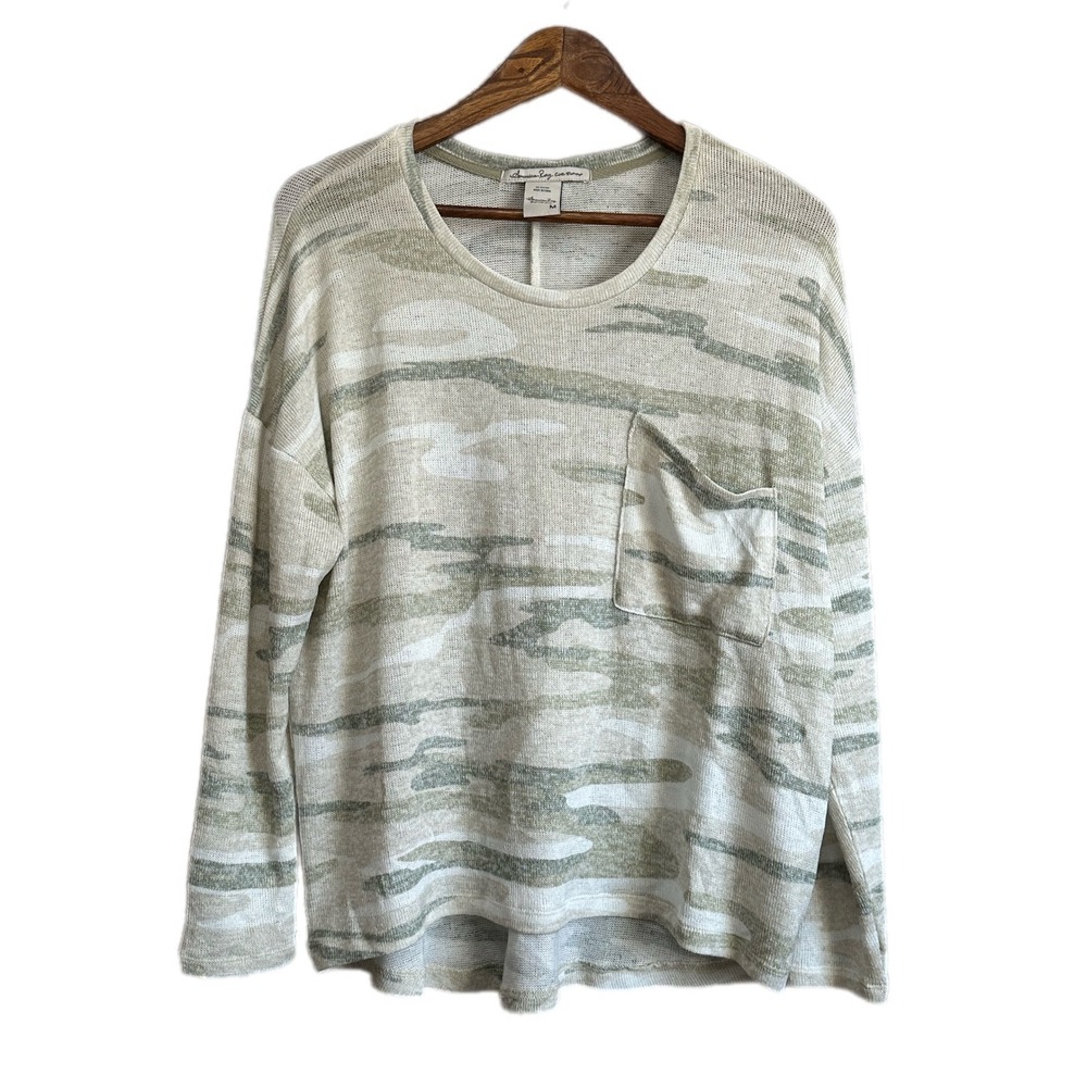 American Rag Cie Camo Pocket Long Sleeve Knit Top Women's Medium